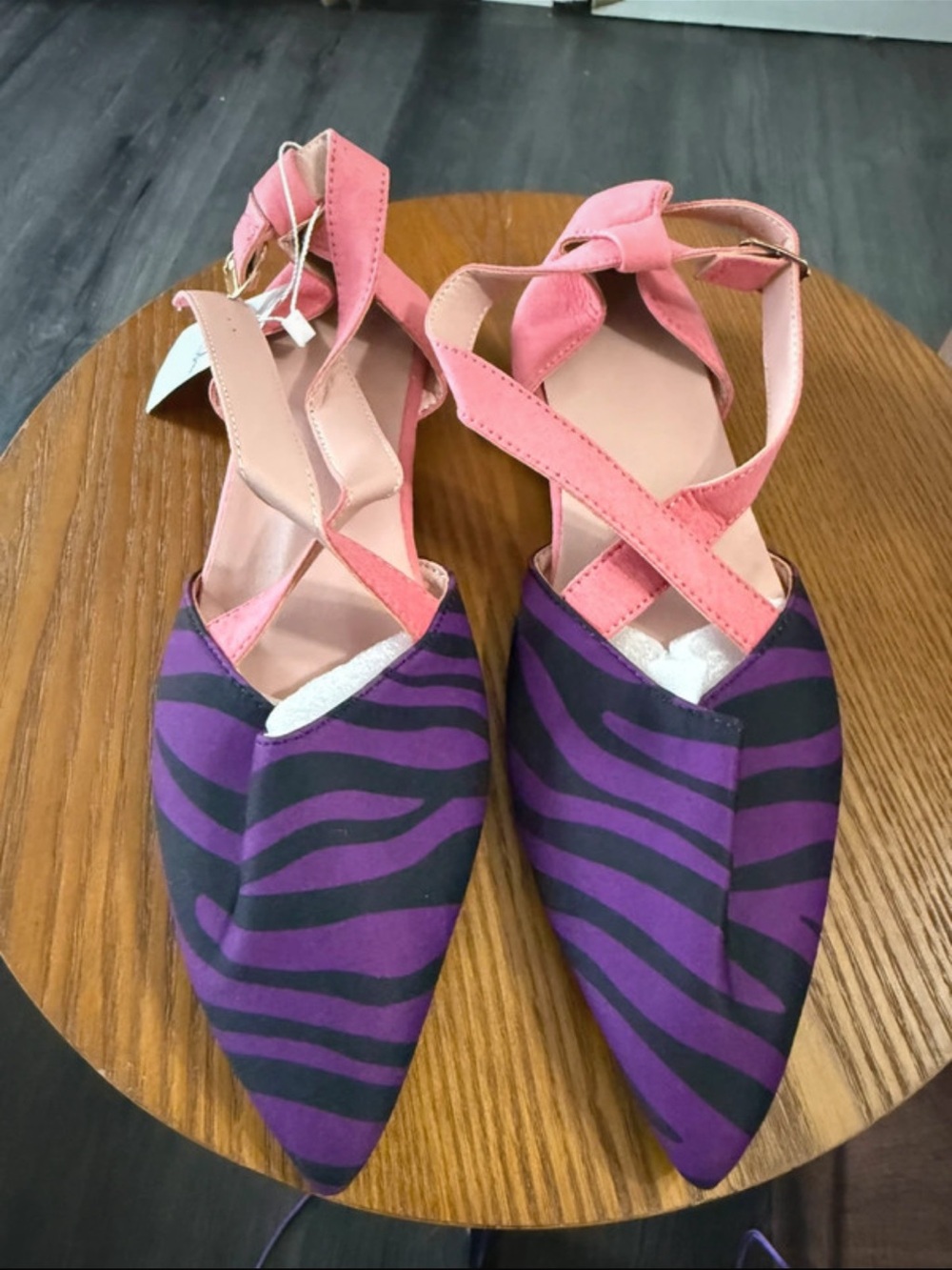 Women’s Pink Strap Pointed-Toe Flats with Purple Zebra Print